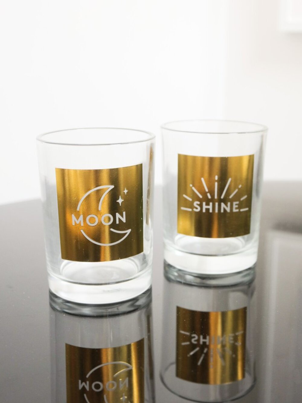 URBAN OUTFITTERS Set of 2 Low Ball 'Moon Shine' Gold Graphic Cocktail Tumblers